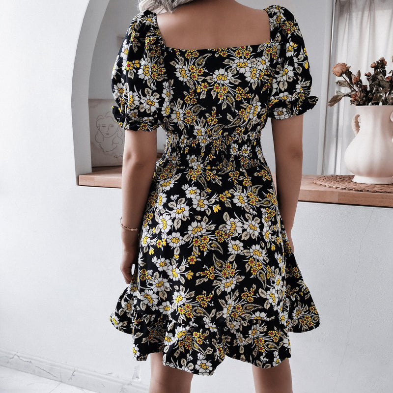 Floral Short Sleeve Elastic Waist Mini Dress