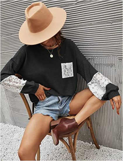 Casual Lace Pocket Round Neck Sweatshirt