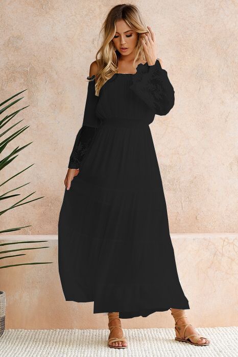 Off Shoulder Elastic Waist Lace Sleeve Maxi Dress