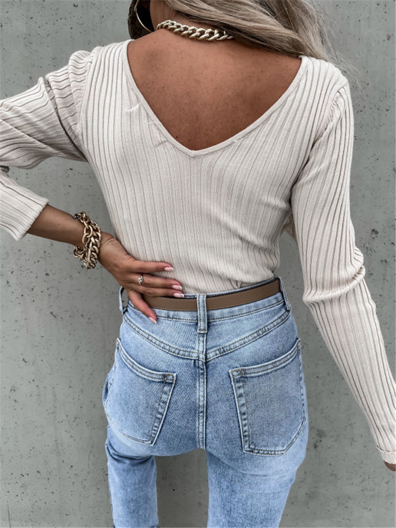 Solid Color V Neck Long Sleeve Top