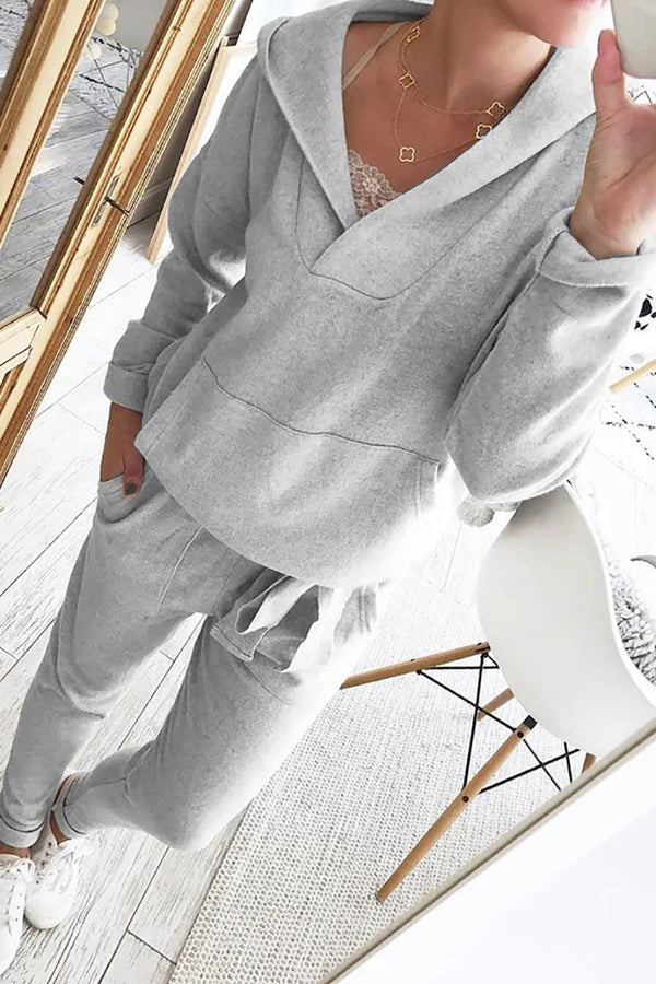 V Neck Pockets Hoodie Jogger Set