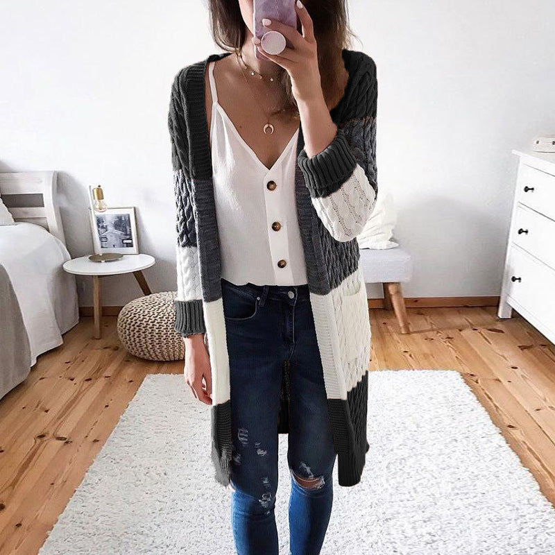 Chain Knit Knee Length Open Front Cardigan