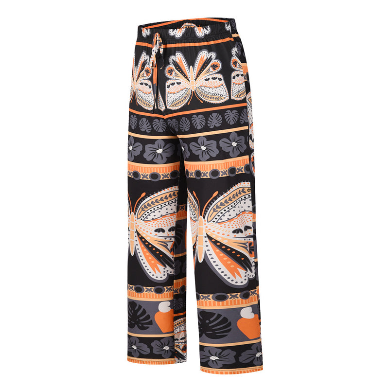 Butter Fly Print Elastic Waist Drawstring Long Pants