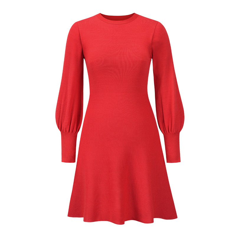 Crew Neck Long Sleeve High Elastic Waist Mini Dress