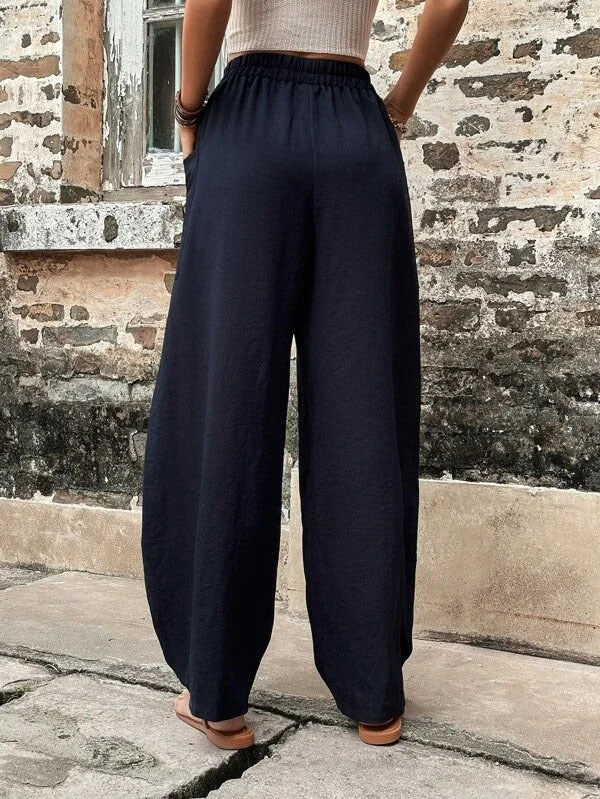 Casual High Waist Pocketed Loose Solid Pants