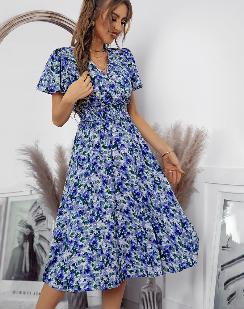 Floral Midi Short Sleeve V Neck Dress