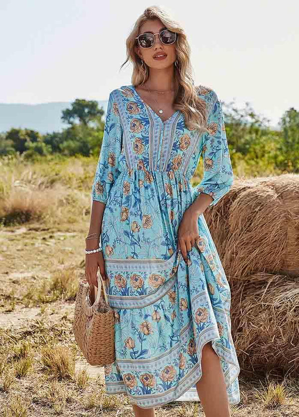 Bohemia Printed V Neck Dress