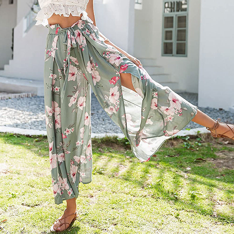 Classic Floral Solid Waist Tie Long Wide Leg Pants