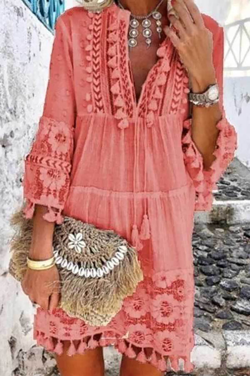 Boho Tassels V Neck Seven Sleeve Dress