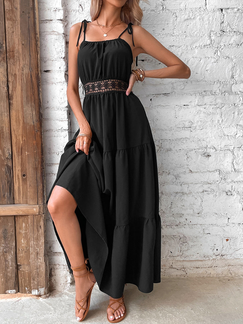 Sleeveless Strap Square Neck Solid Flared Maxi Dress