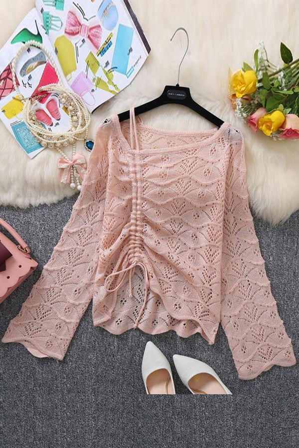 Hollow Dew Shoulder Drawstring Sweater