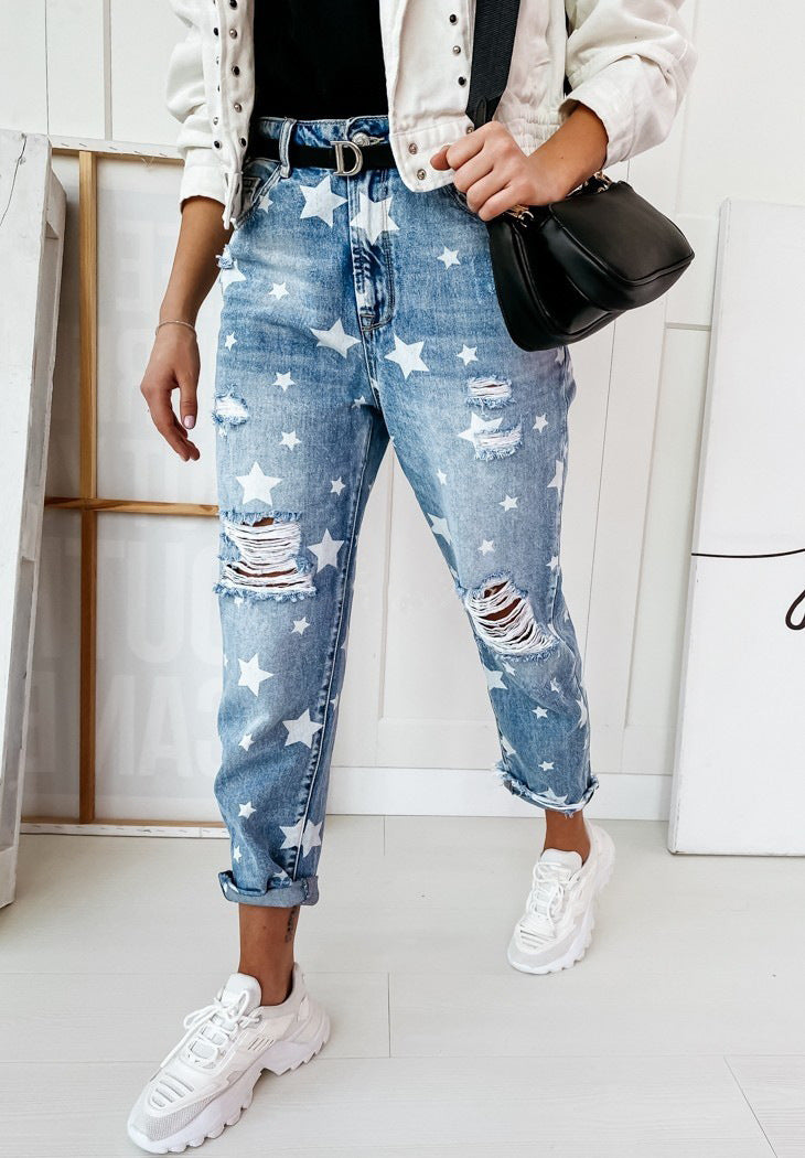 Zip Up Distressed Star Print Jean Pants