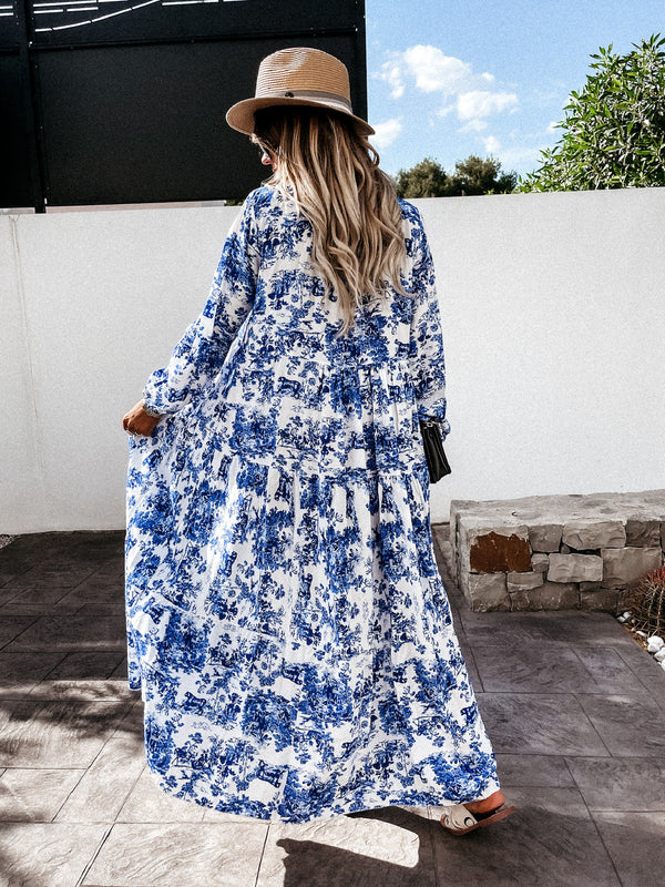 Long Sleeve V Neck Floral Loose Maxi Dress