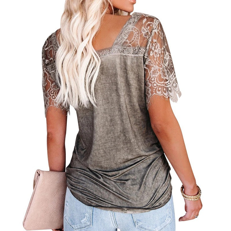 Lace Short Sleeve V Neck Top T-Shirt