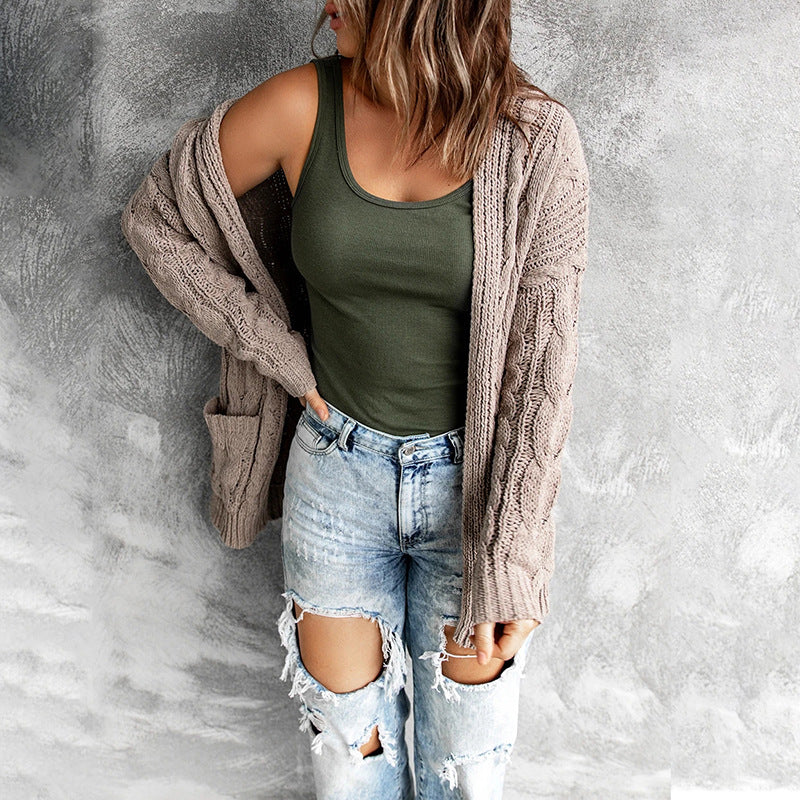 Cable Knit Open Front Long Sleeve Cardigan Sweater