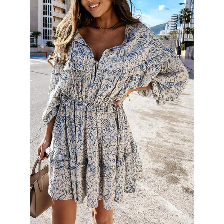 Long Sleeve Floral High Waist Mini Dress