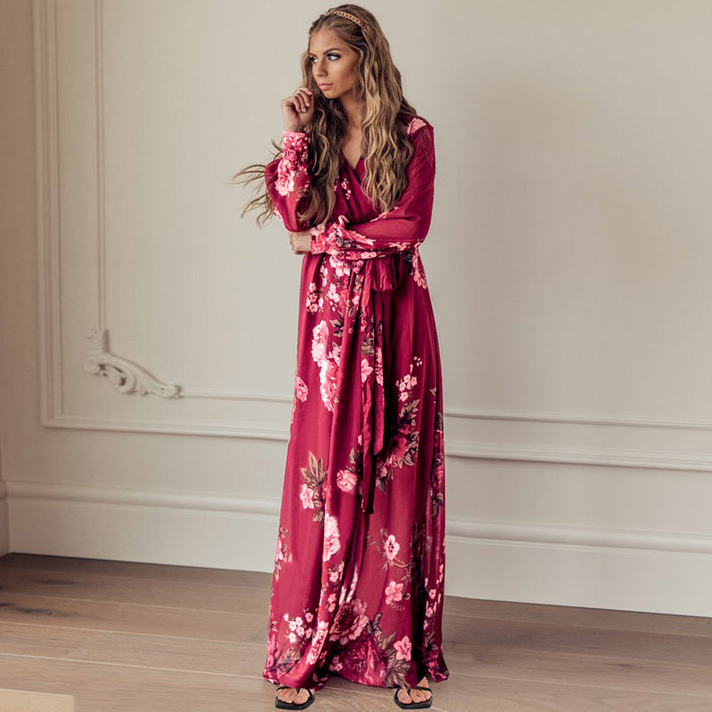 Casual V Neck Long Sleeve Loose Maxi Dress