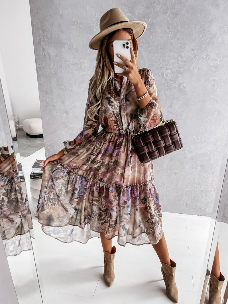 Button Up Long Sleeve High Waist Midi Dress