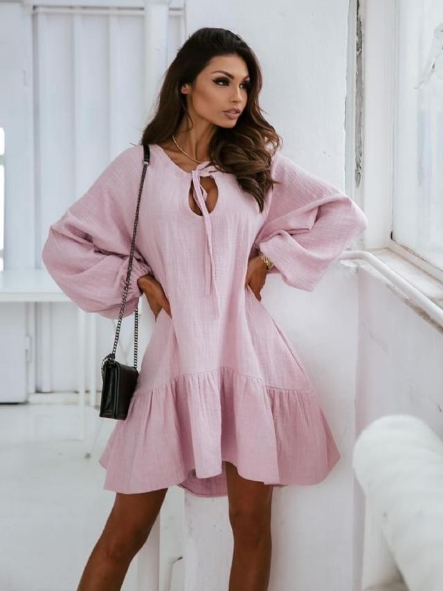 Ballon Long Sleeve Round Neck Mini Dress