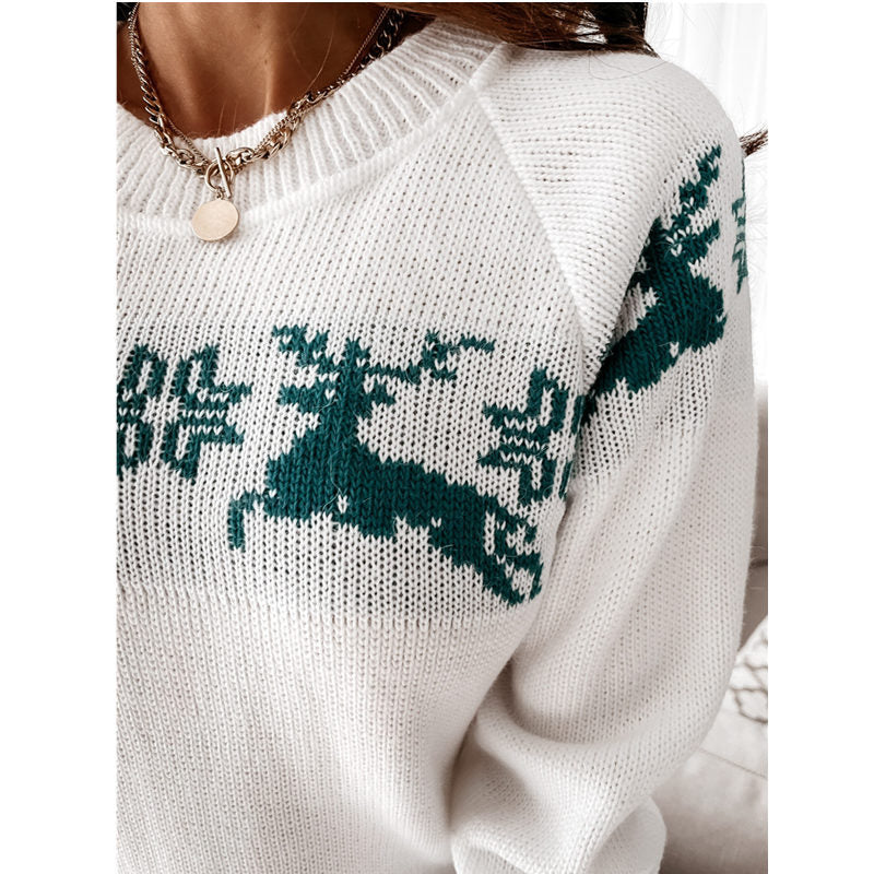 Crew Neck Xmas Print Knitted Sweater