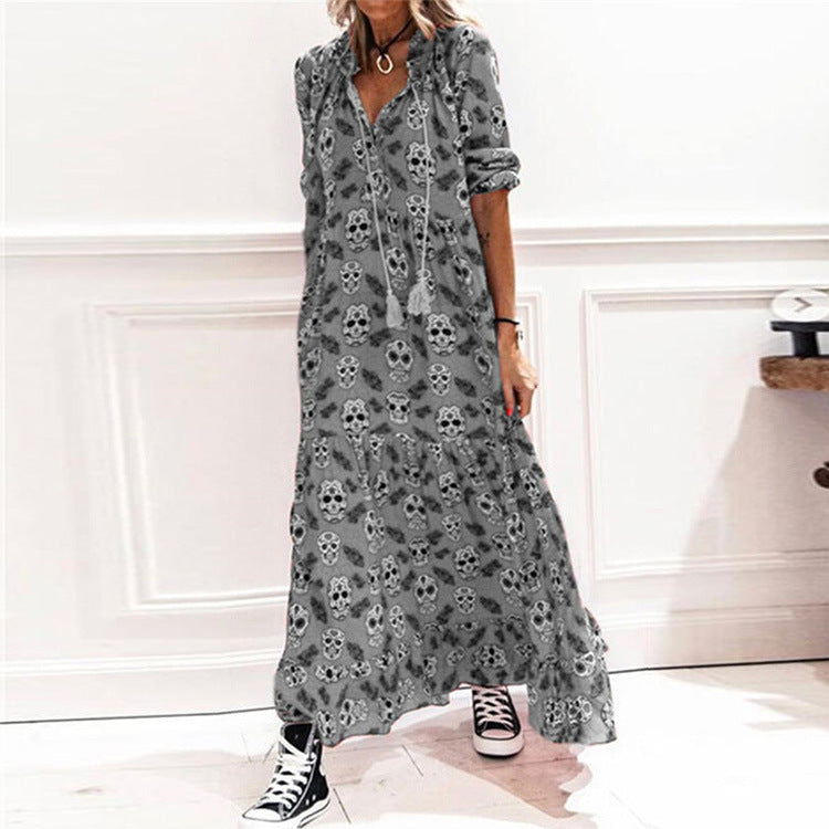 Long Sleeve V Neck Draw String Skull Print Long Maxi Dress