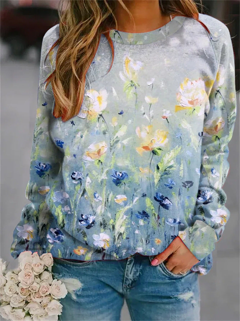 Crew Neck Floral Printed Long Sleeve Sweatshirt