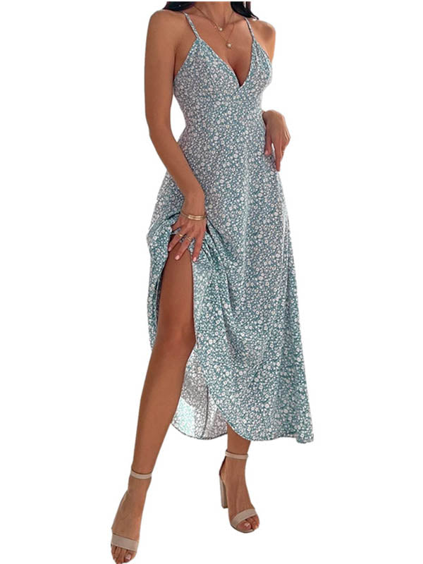 Sleeveless V Neck Flowy Spaghetti Strap Maxi Dress