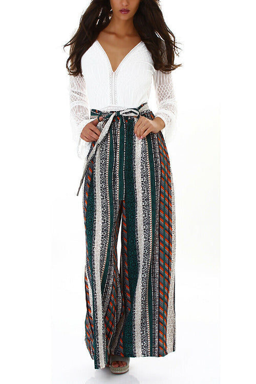 Striped Tie Waist Wide Leg Pants