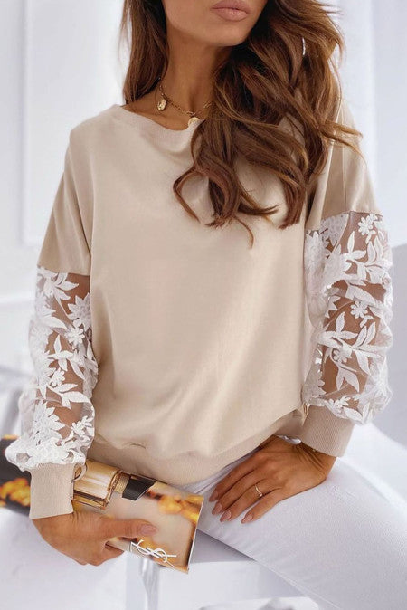 Long Lace Sleeve Crew Neck Casual Sweatshirt