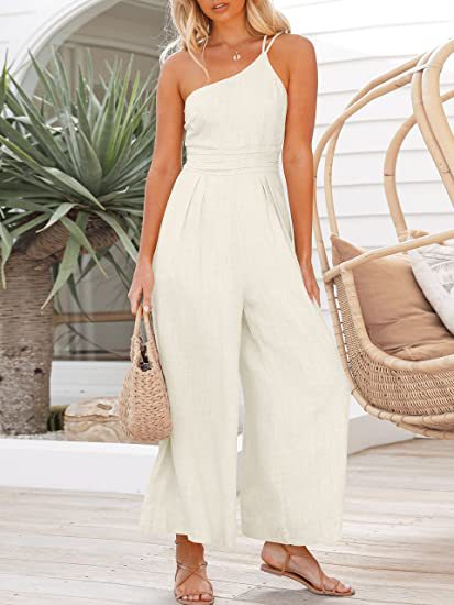 One Shoulder Wide Leg Solid Color Jumpsuit