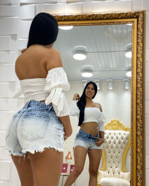 Sexy Pocketed Mid Waist Denim Shorts