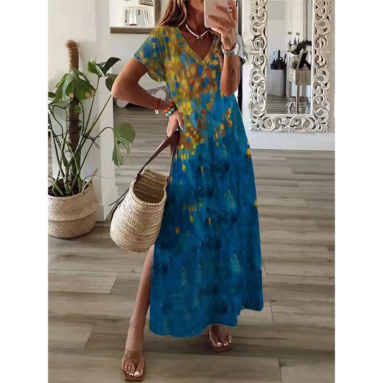 Short Sleeve Side Slit Printed Loose Maxi Dress