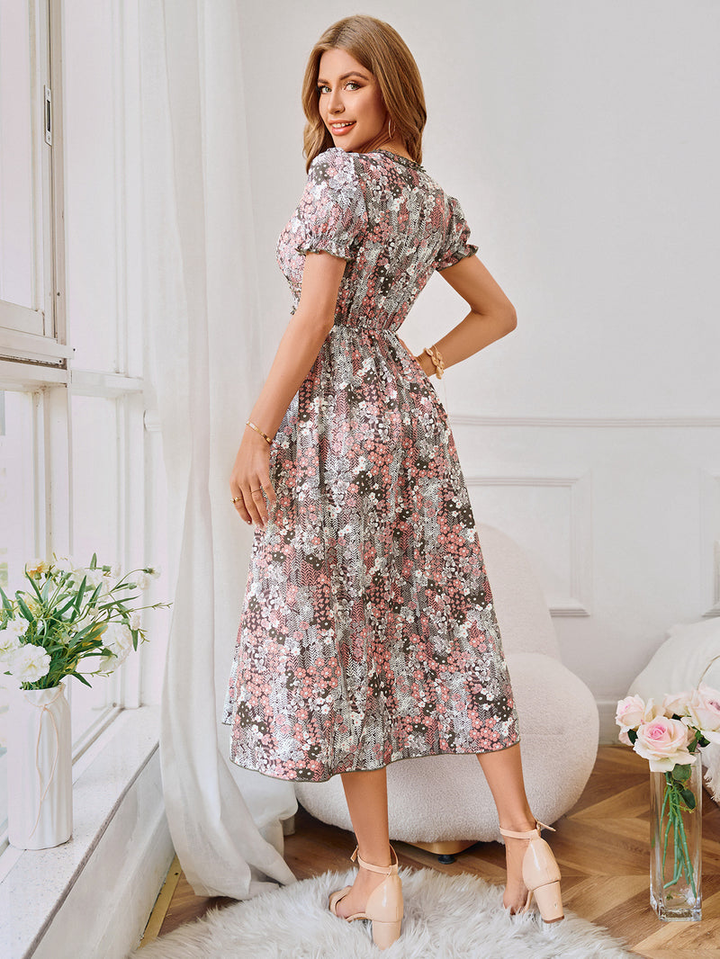 V-Neck Short Sleeve Printed Flared Midi Dress