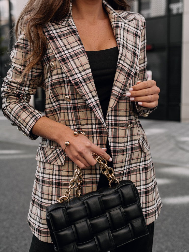 Lapel Collar Double Breasted Plaid Coat