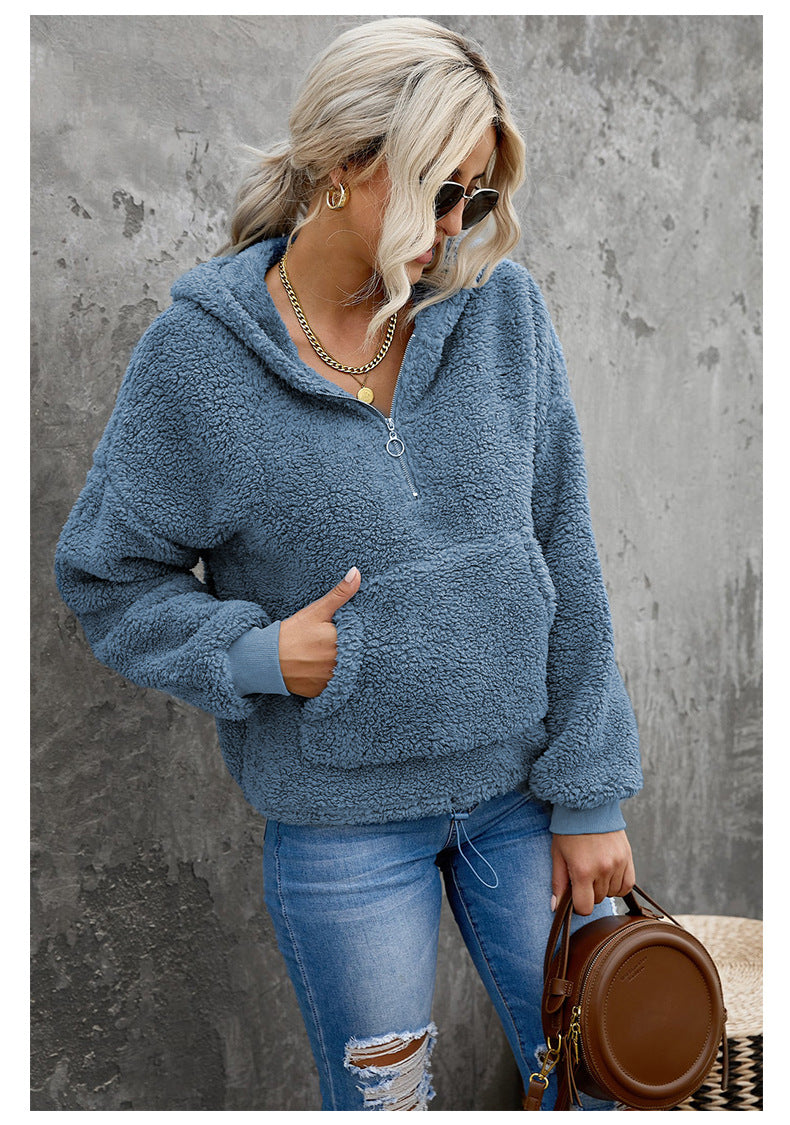 Fleece Zip Up Solid Color Hooded Sweatshirt