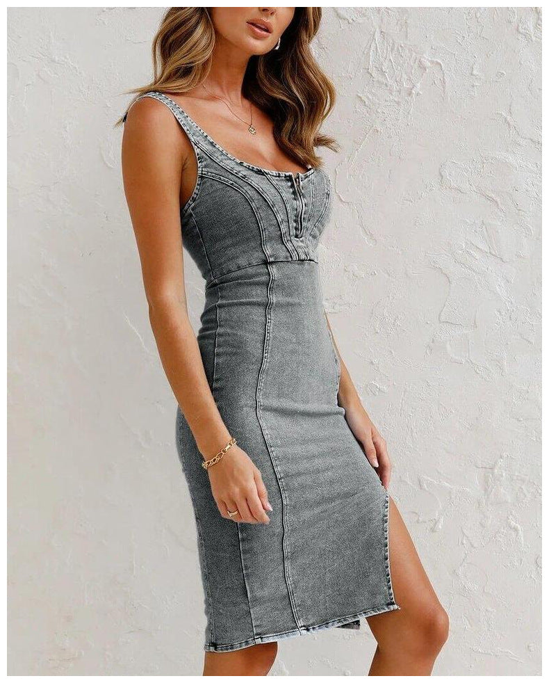 Sleeveless Side Split Bodycon Midi Denim Dress