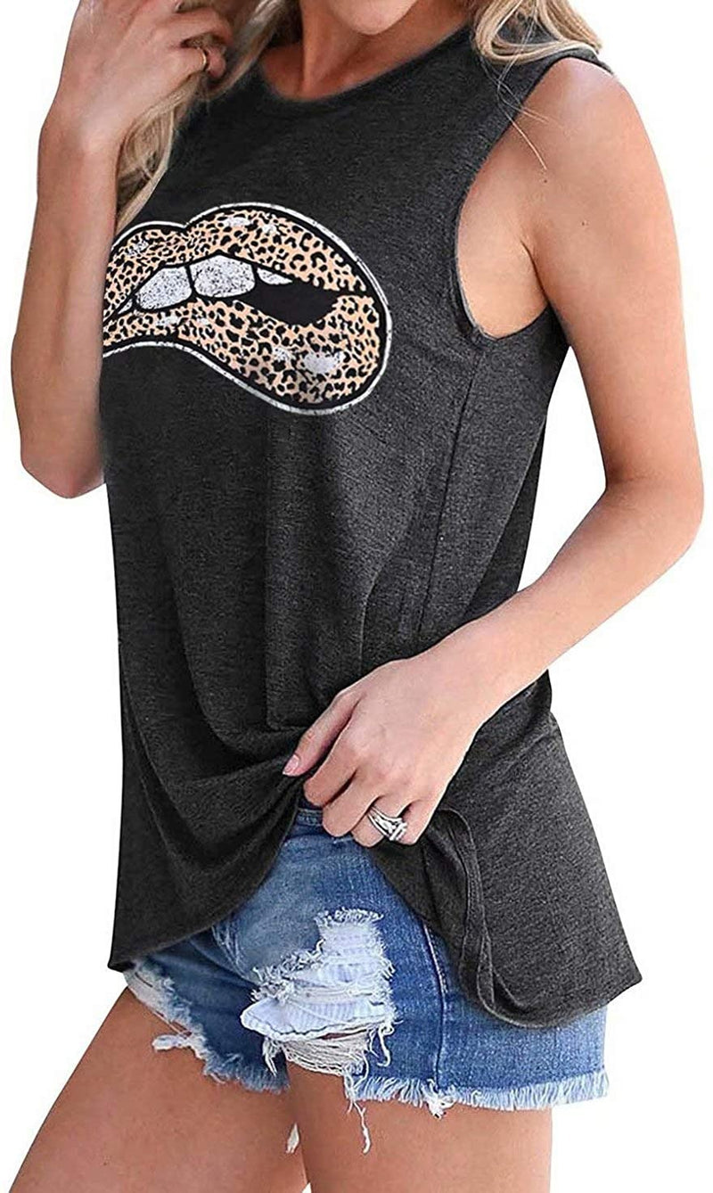 Sleeveless Crew Neck Leopard Lips Print Tank Tops