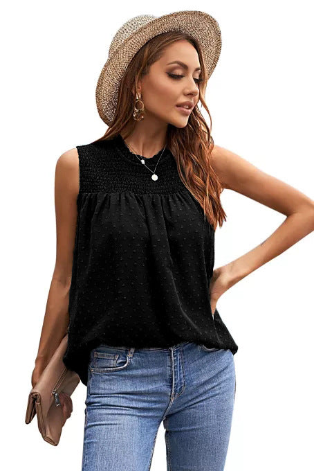 Swiss Dot Round Neck Sleeveless Top