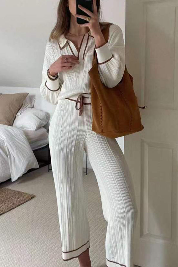 Polo Blouse Wide Leg Pants Set