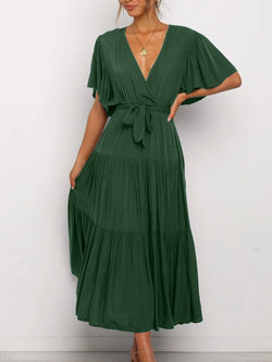 V Neck Tie Waist Short Sleeve Maxi Dress