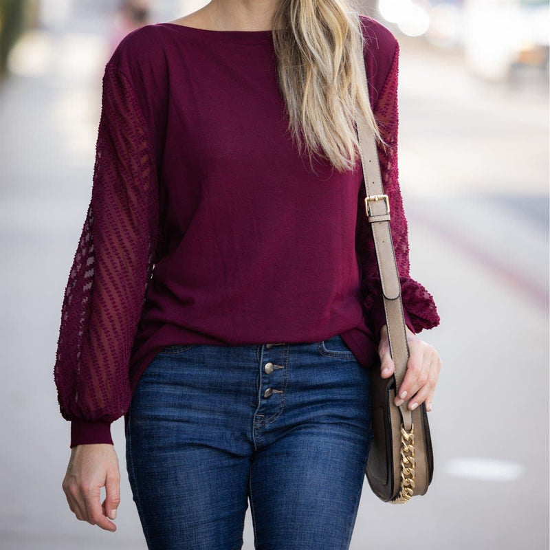 Puff Transparent Sleeve Crew Neck Blouse Top