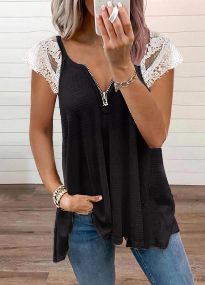 Patchwork Zipper V Neck Short Sleeve T-shirt