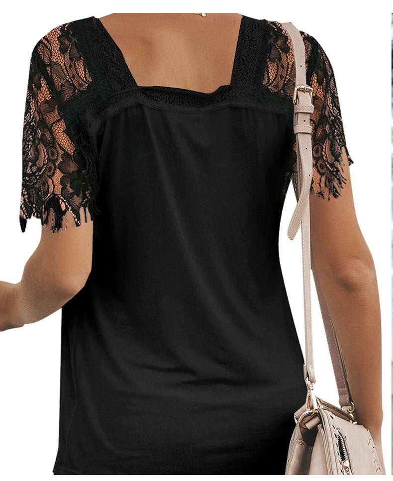 Lace Short Sleeve V Neck Top T-Shirt