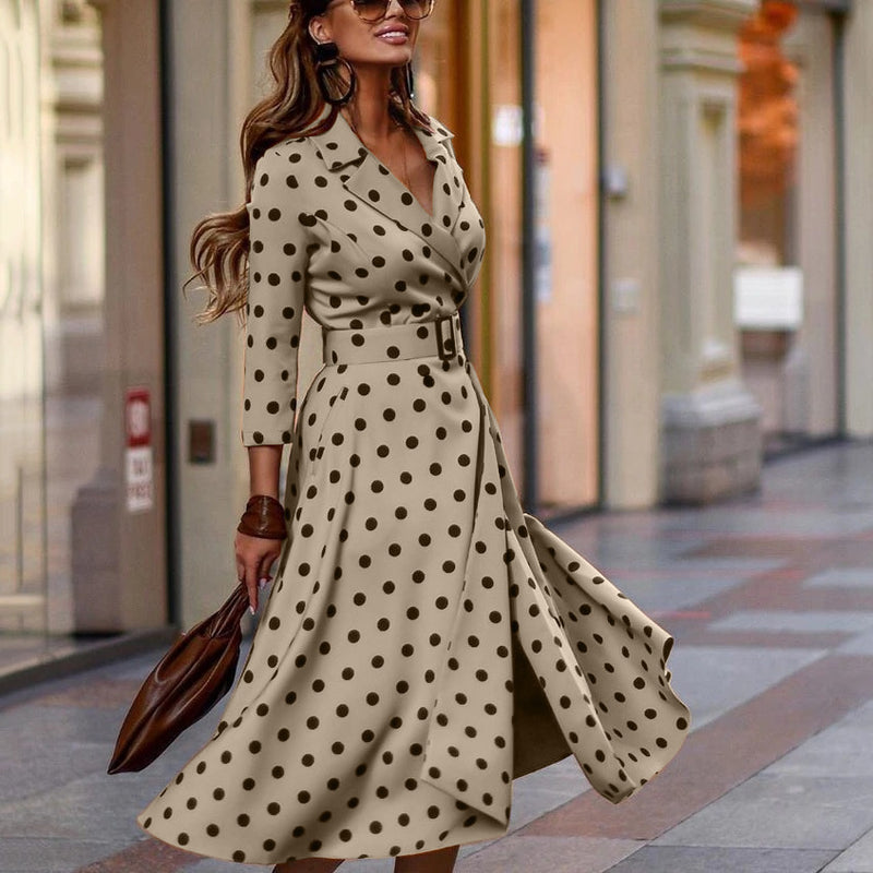 Polka Dot Turndown Collar Belted Maxi Dress