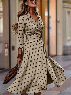 Waist Belted Collar Polka Dot Maxi Dress