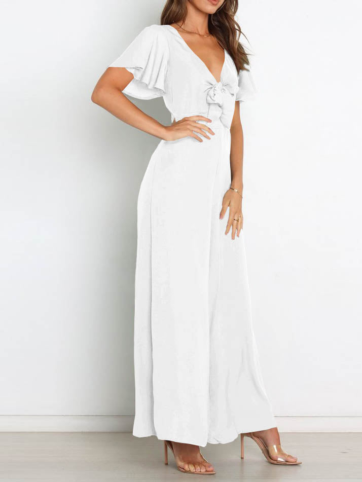 Short Sleeve Wide Leg Casual V Neck Jumpsuit