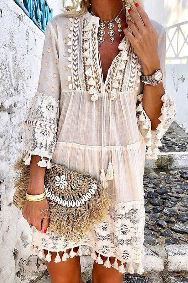 Boho Tassels V Neck Seven Sleeve Dress