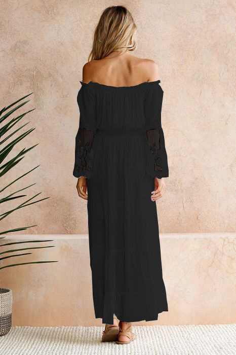 Off Shoulder Elastic Waist Lace Sleeve Maxi Dress