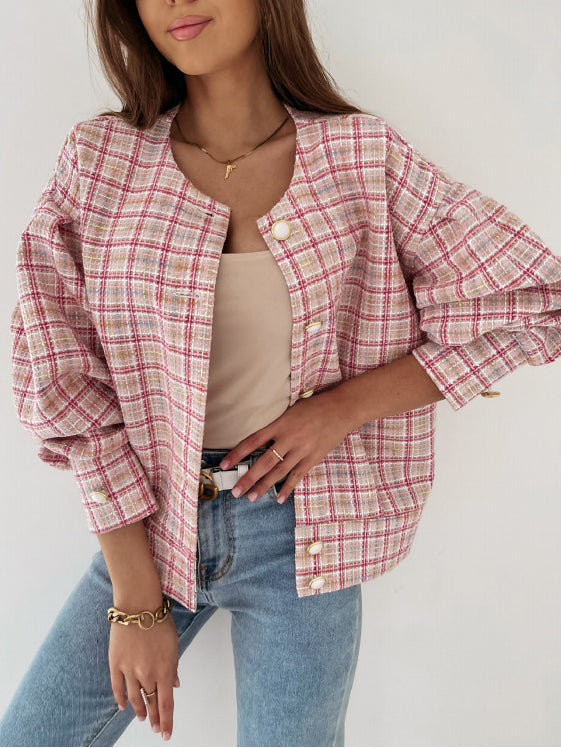 Round Neck Plaid Button Down Blouse Top