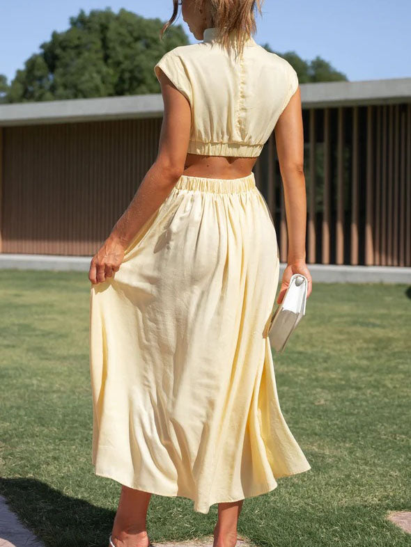 Elegant O-Neck Sleeveless Cut Out Solid Maxi Dress